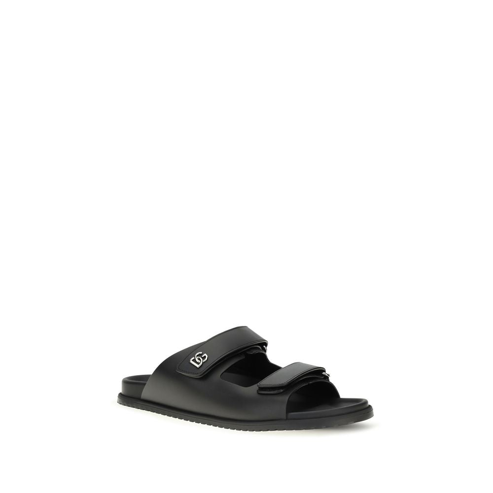 Dolce & Gabbana Black Leather Flat Sandals