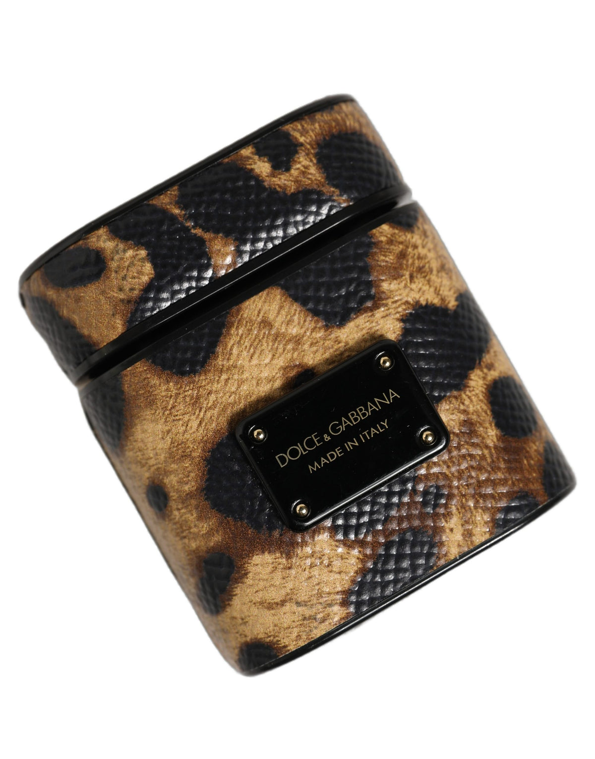 Dolce & Gabbana Brown Leopard Leather Metal Logo Plaque Airpods Case