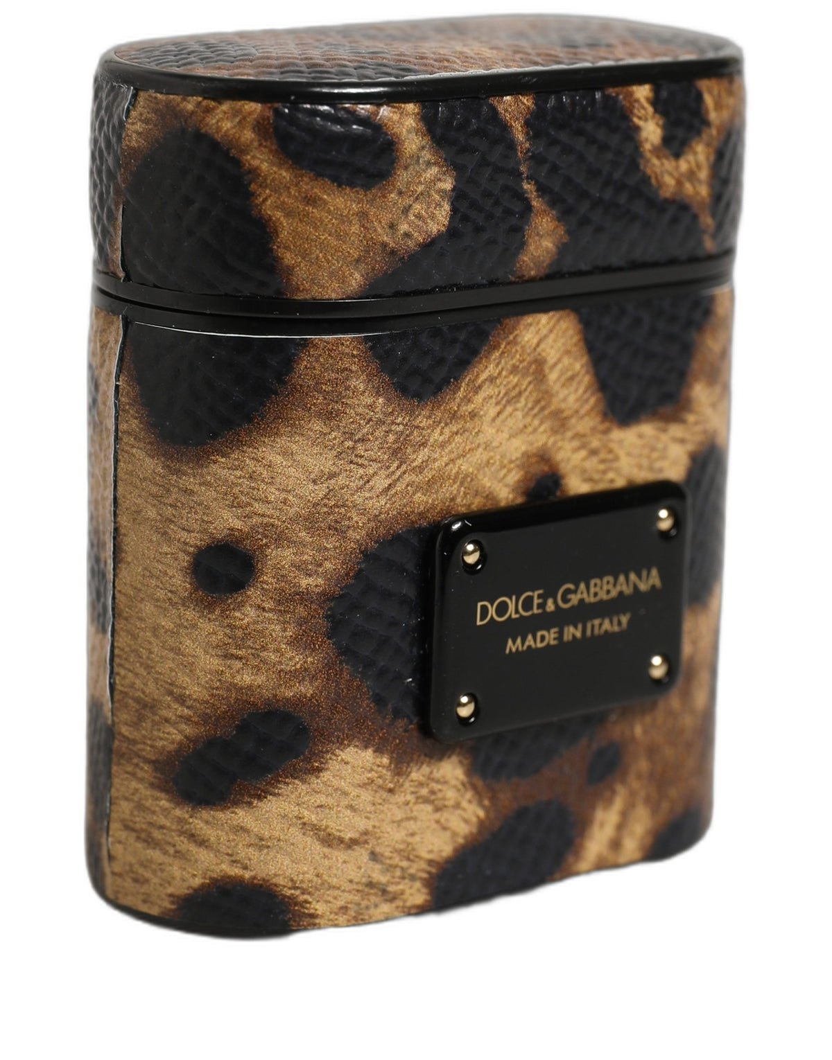 Dolce & Gabbana Brown Leopard Leather Metal Logo Plaque Airpods Case