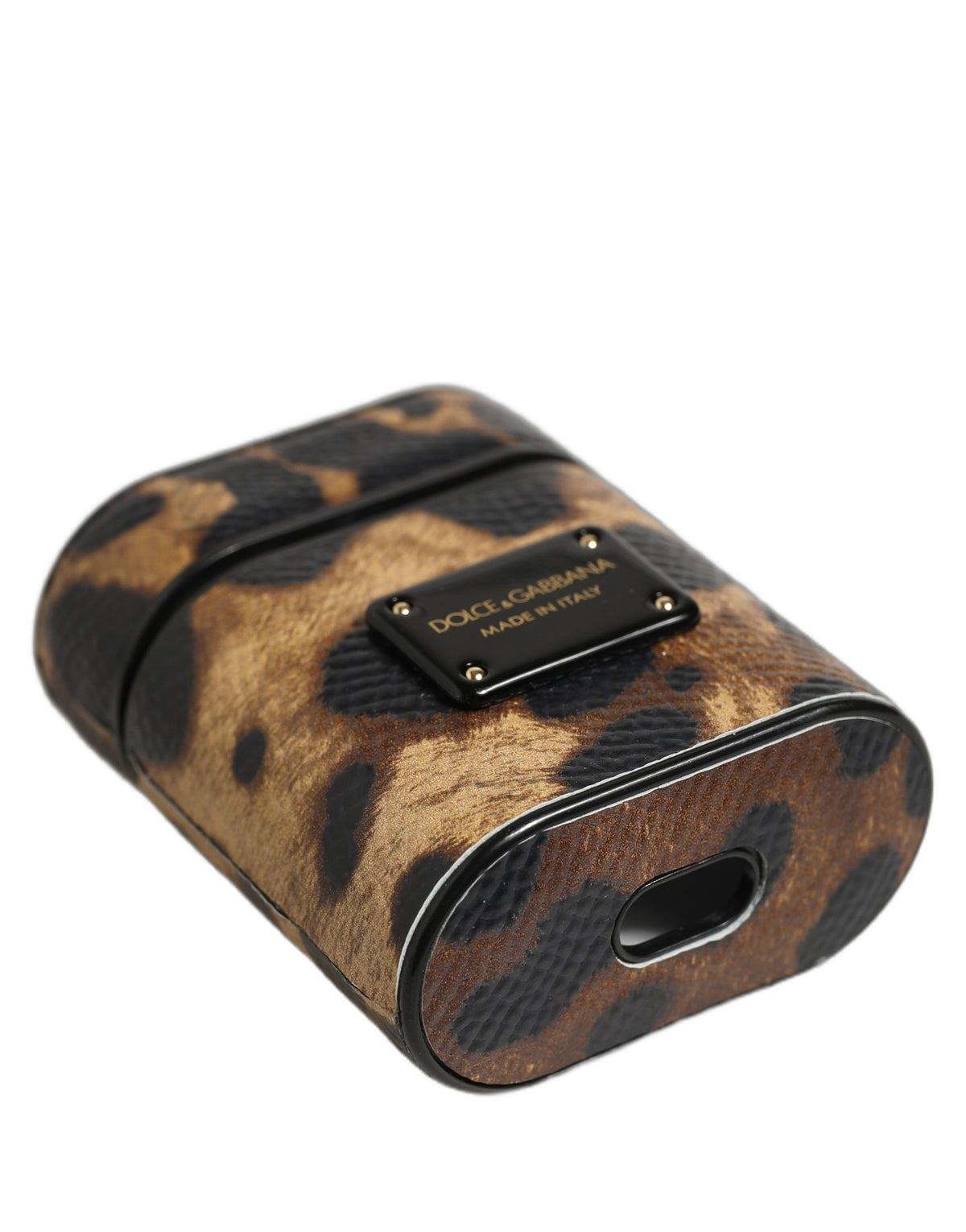 Dolce & Gabbana Brown Leopard Leather Metal Logo Plaque Airpods Case