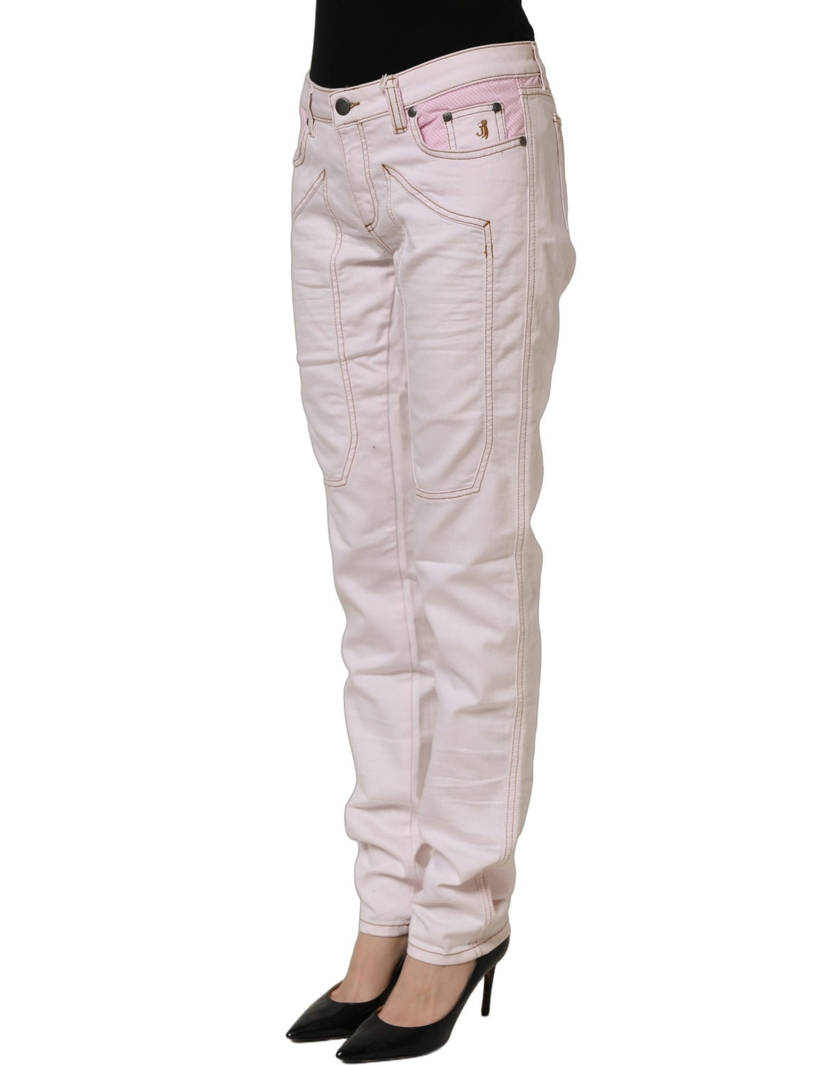 Jeckerson Light Pink Cotton Mid Waist Denim Trouser Jeans