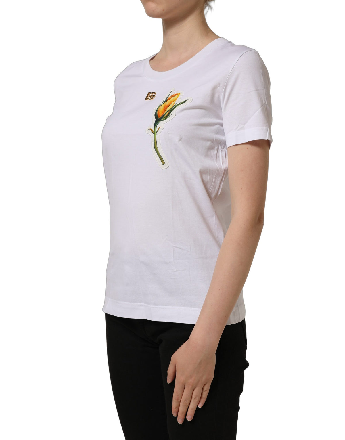 Dolce & Gabbana White Cotton Rose Patch Crew Neck T-shirt
