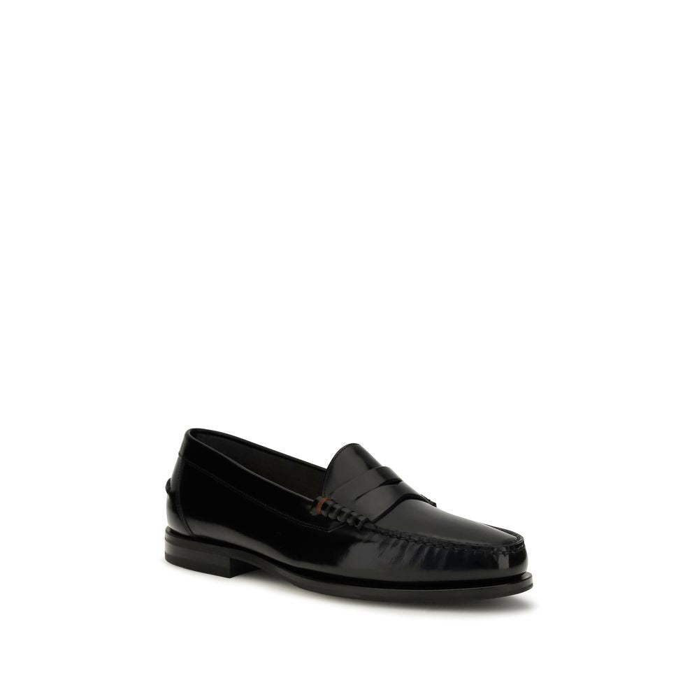 Santoni Black Leather Slip-On Loafers