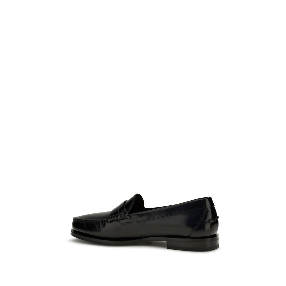 Santoni Black Leather Slip-On Loafers