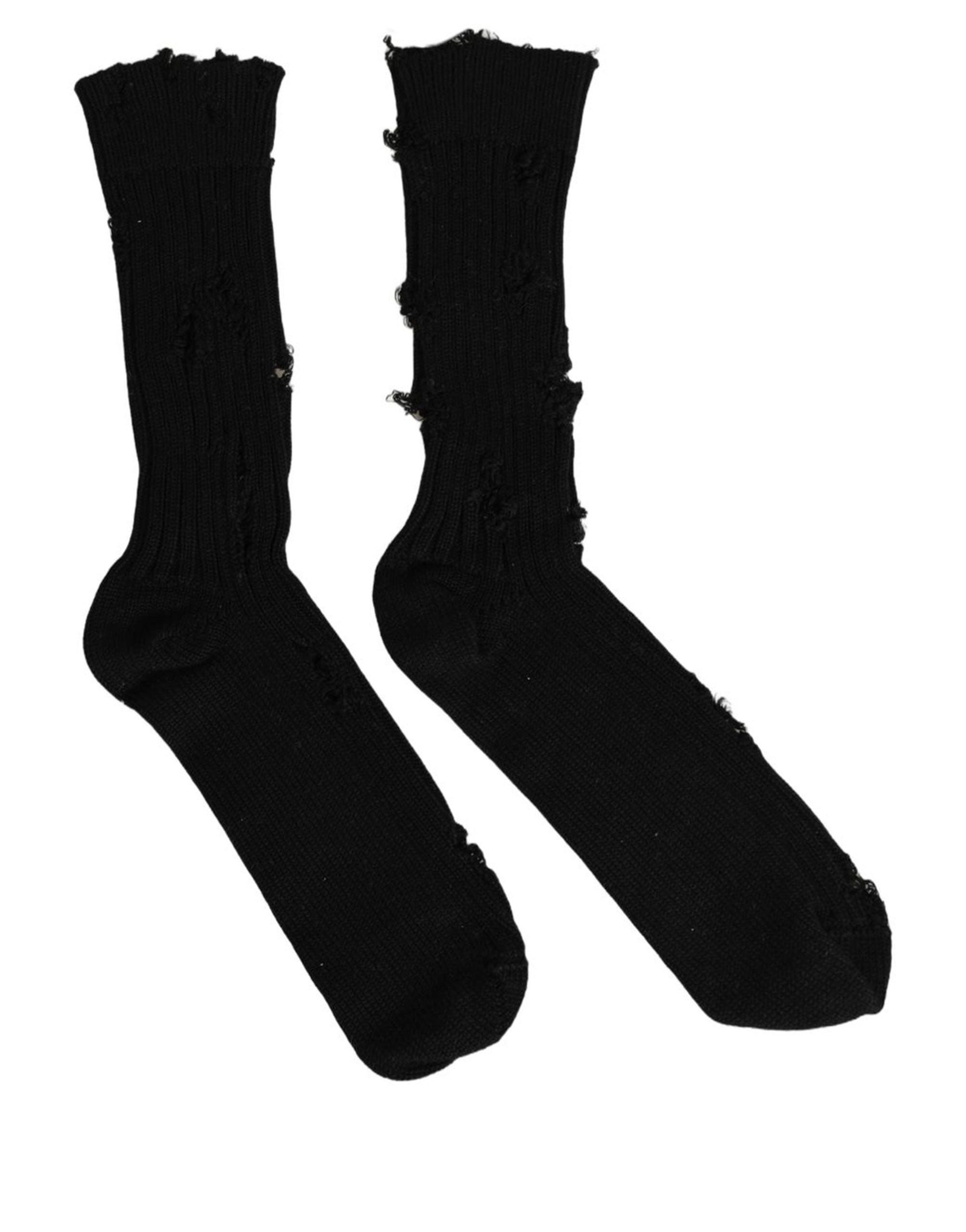 Dolce & Gabbana Black Cotton Distressed Mid Accessory Socks