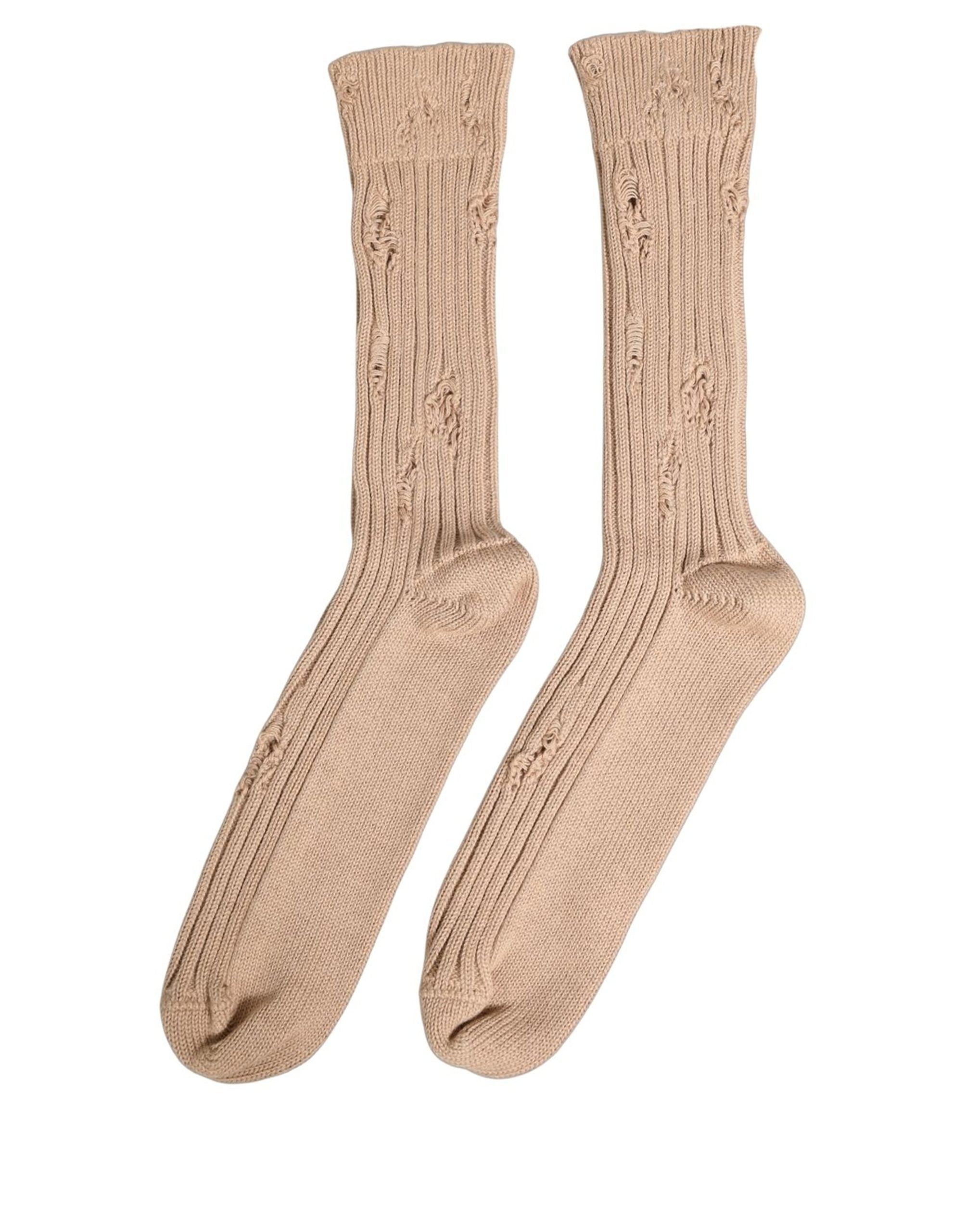 Dolce & Gabbana Beige Cotton Distressed Mid Accessory Socks