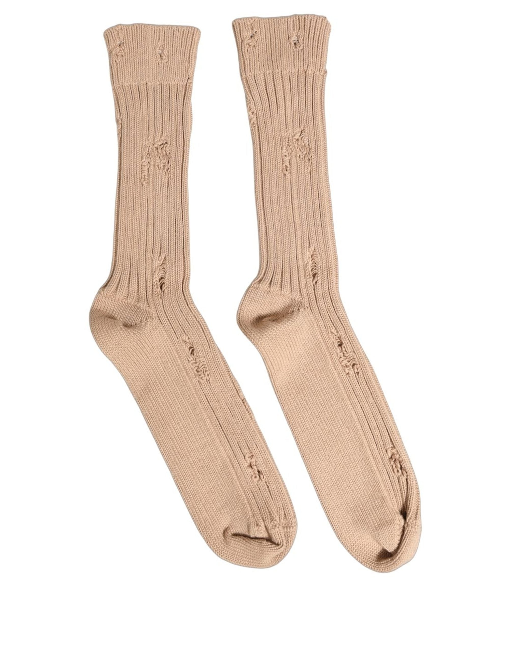 Dolce & Gabbana Beige Cotton Distressed Mid Accessory Socks