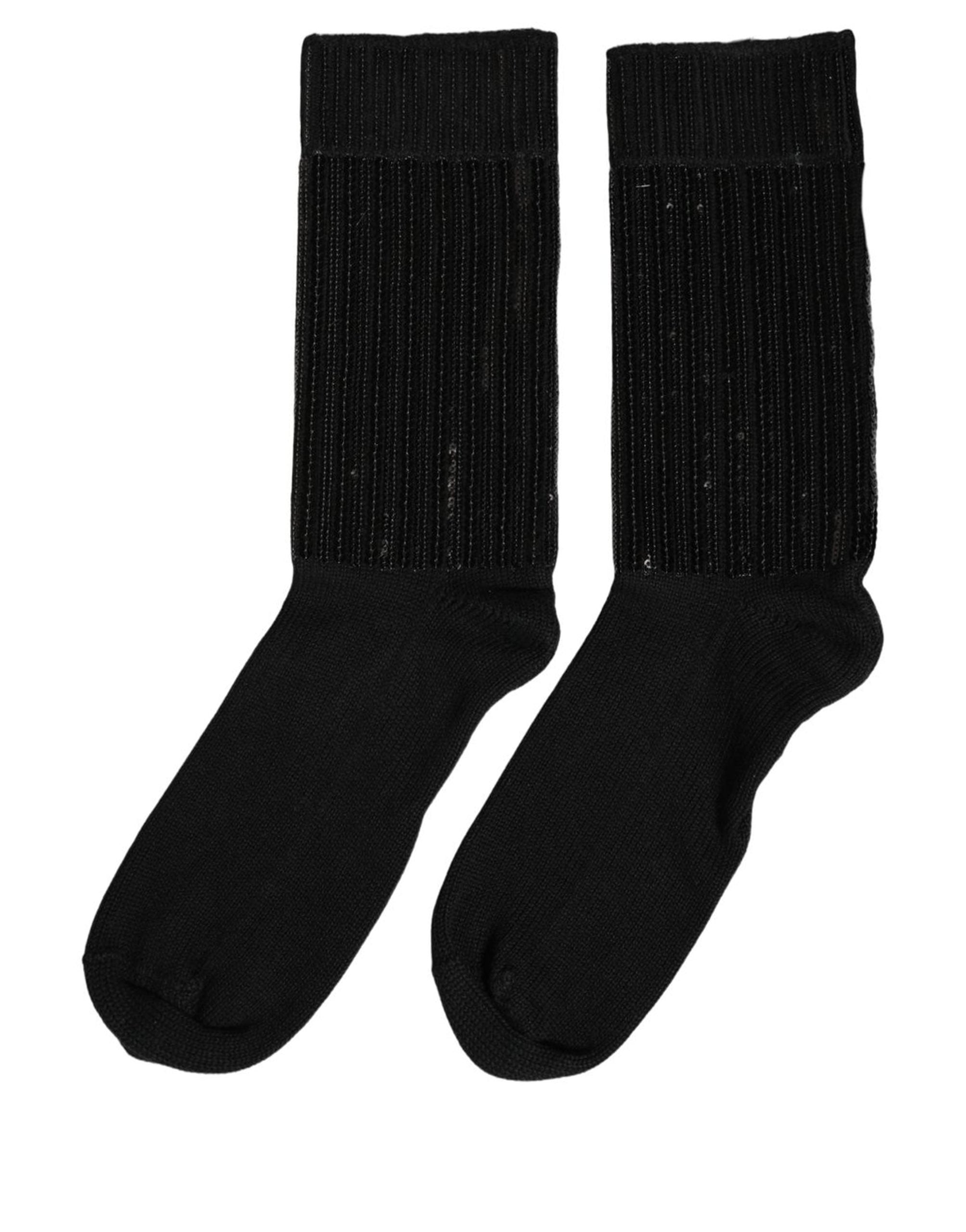Dolce & Gabbana Black Sequin Cotton Knit Mid Accessory Socks