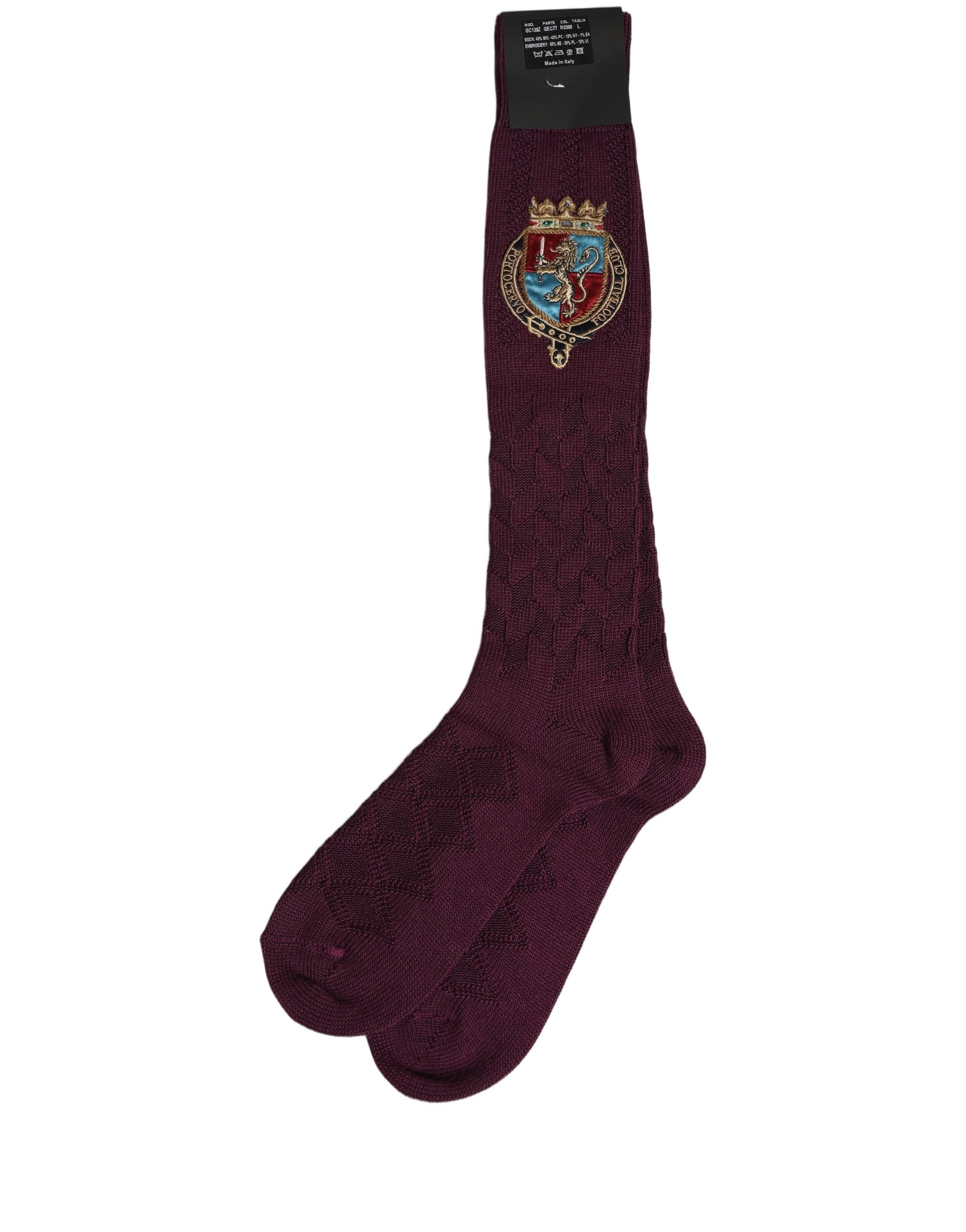 Dolce & Gabbana Burgundy Wool Crest Logo Knee High Accessory Socks