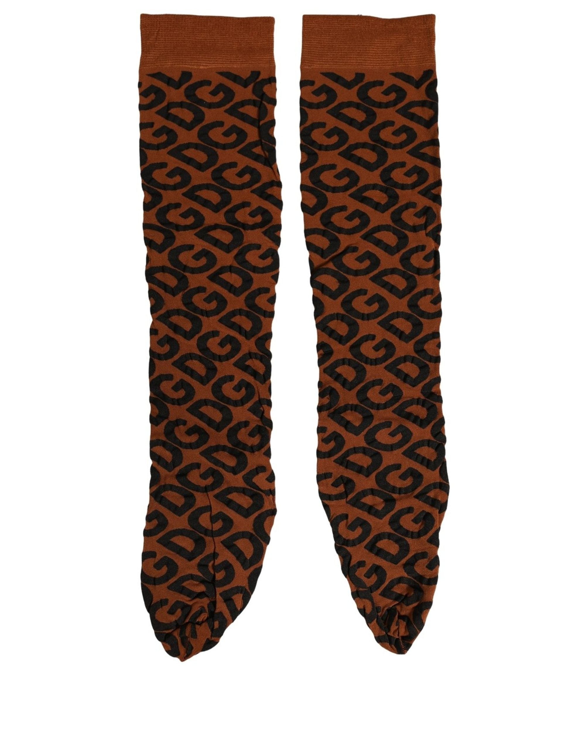 Dolce & Gabbana Brown Black Nylon DG Logo Mid Accessory Socks