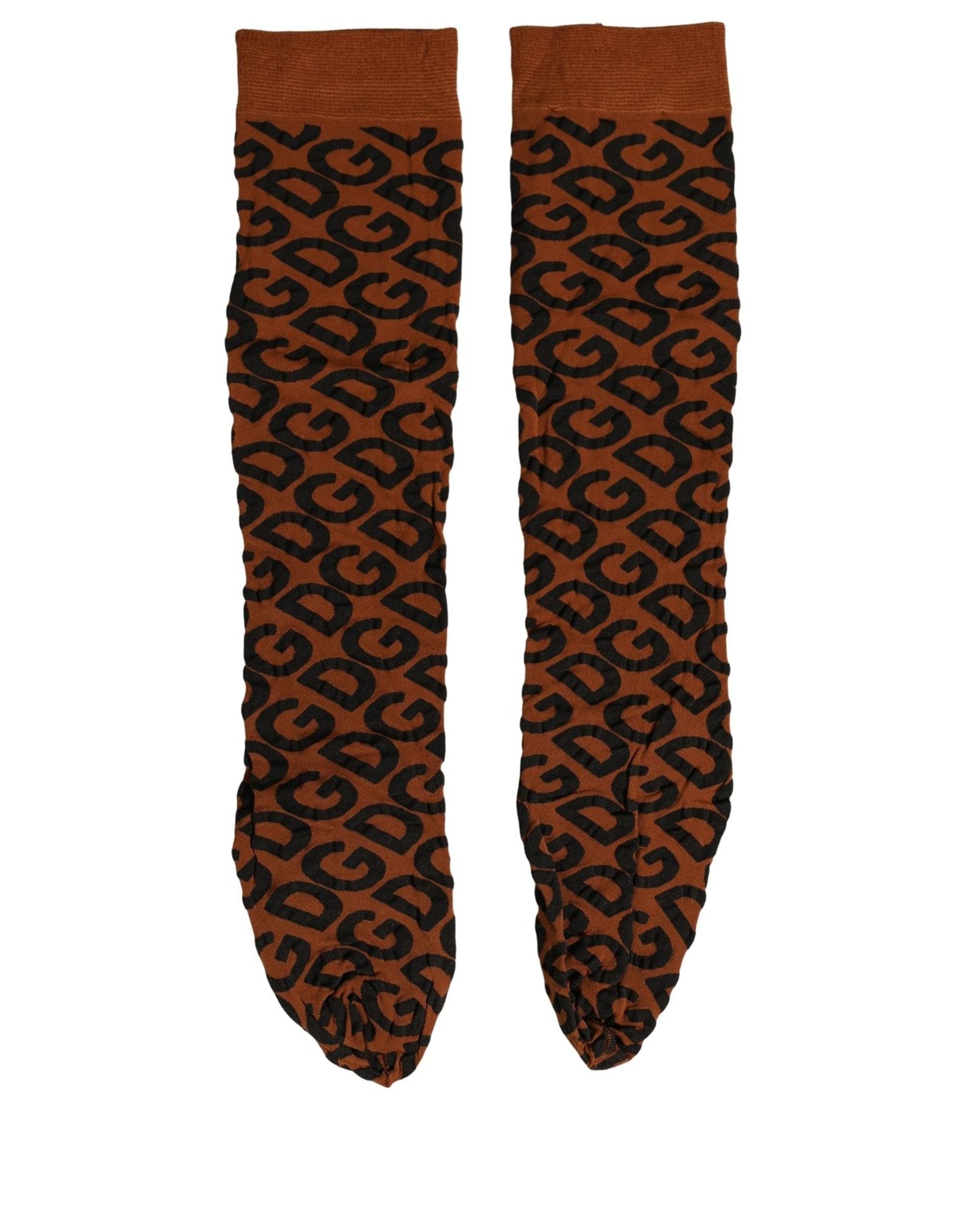 Dolce & Gabbana Brown Black Nylon DG Logo Mid Accessory Socks