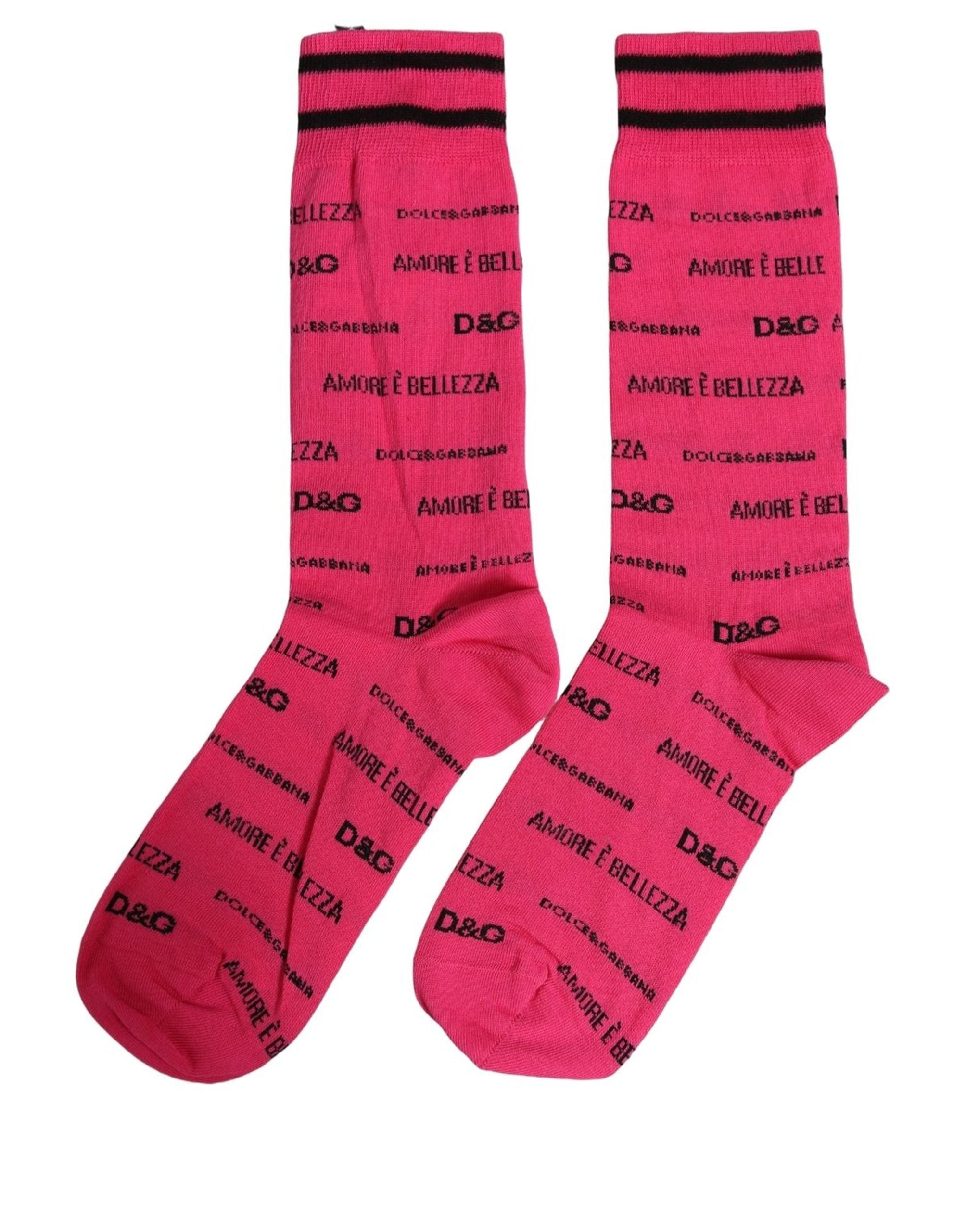 Dolce & Gabbana Pink Cotton Logo Print Mid Accessory Socks