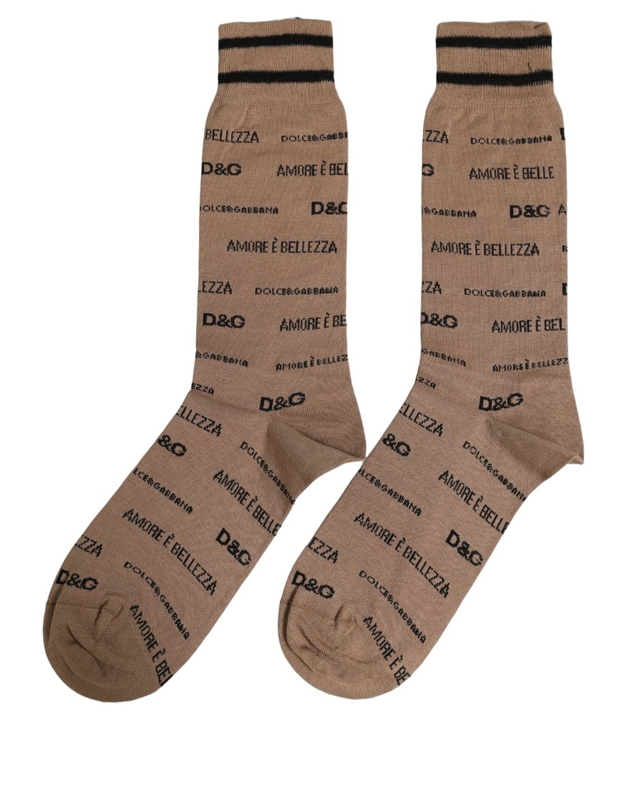 Dolce & Gabbana Brown Cotton Logo Print Mid Accessory Socks
