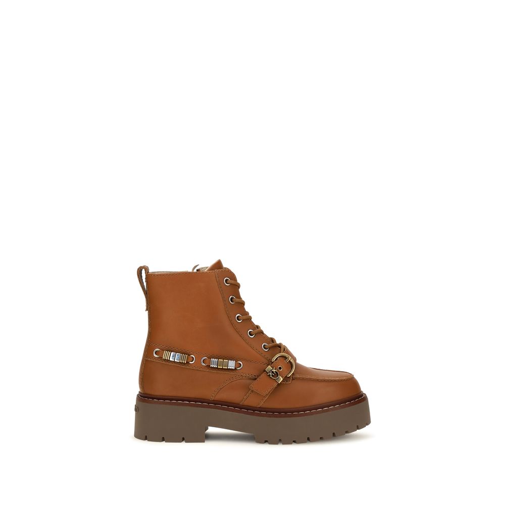 PINKO Brown Leather Lace-Up Boots
