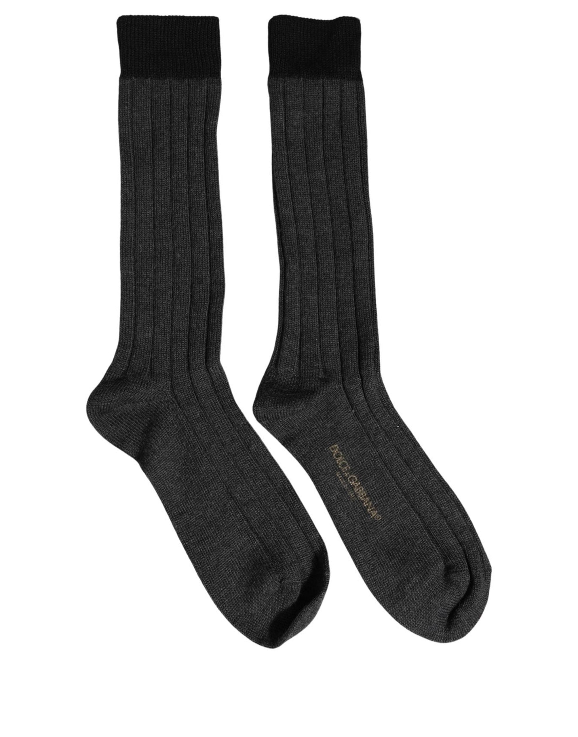 Dolce & Gabbana Dark Gray Wool Logo Long Ribbed Accessory Socks