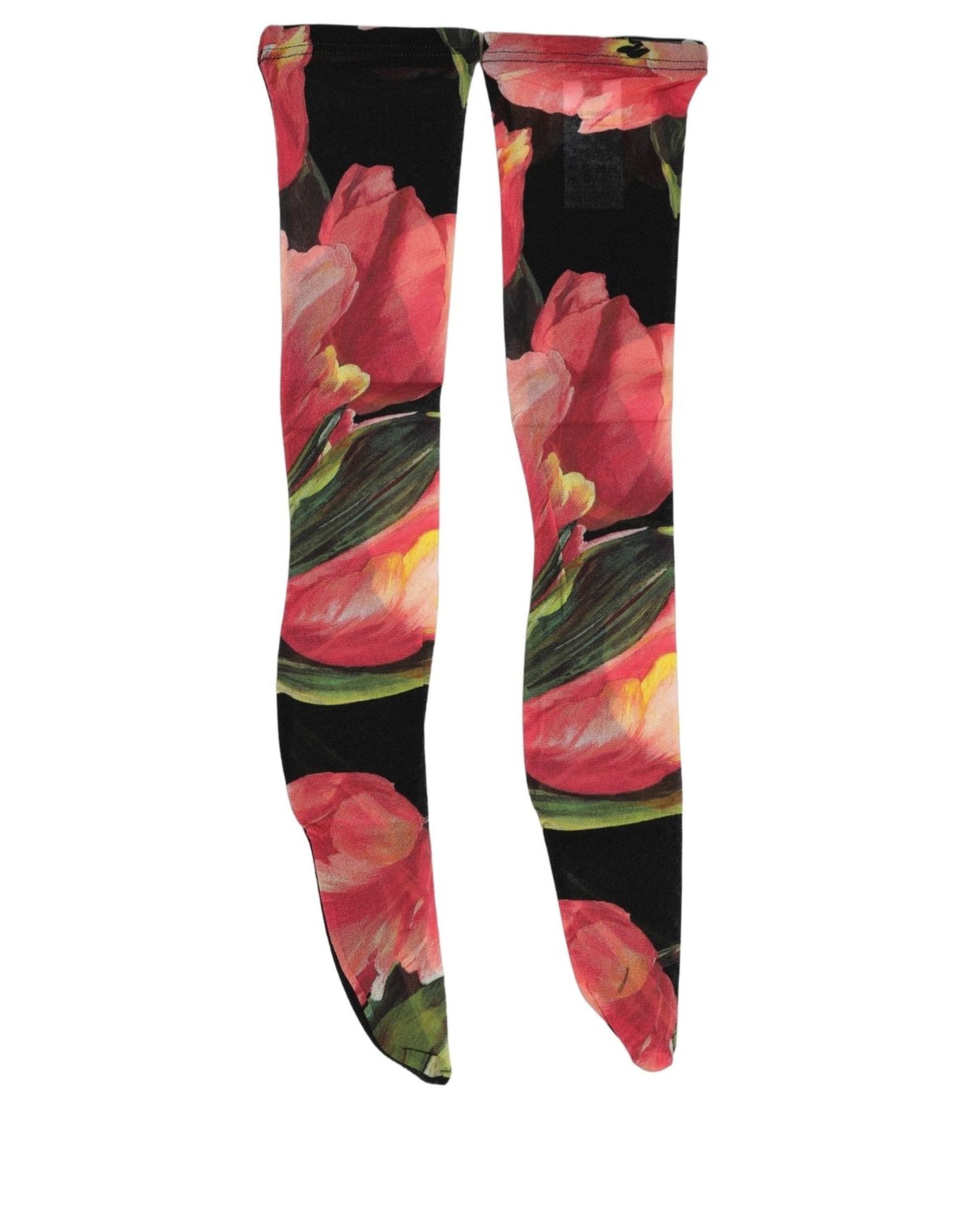 Dolce & Gabbana Black Pink Floral Tulip Nylon Stockings Socks