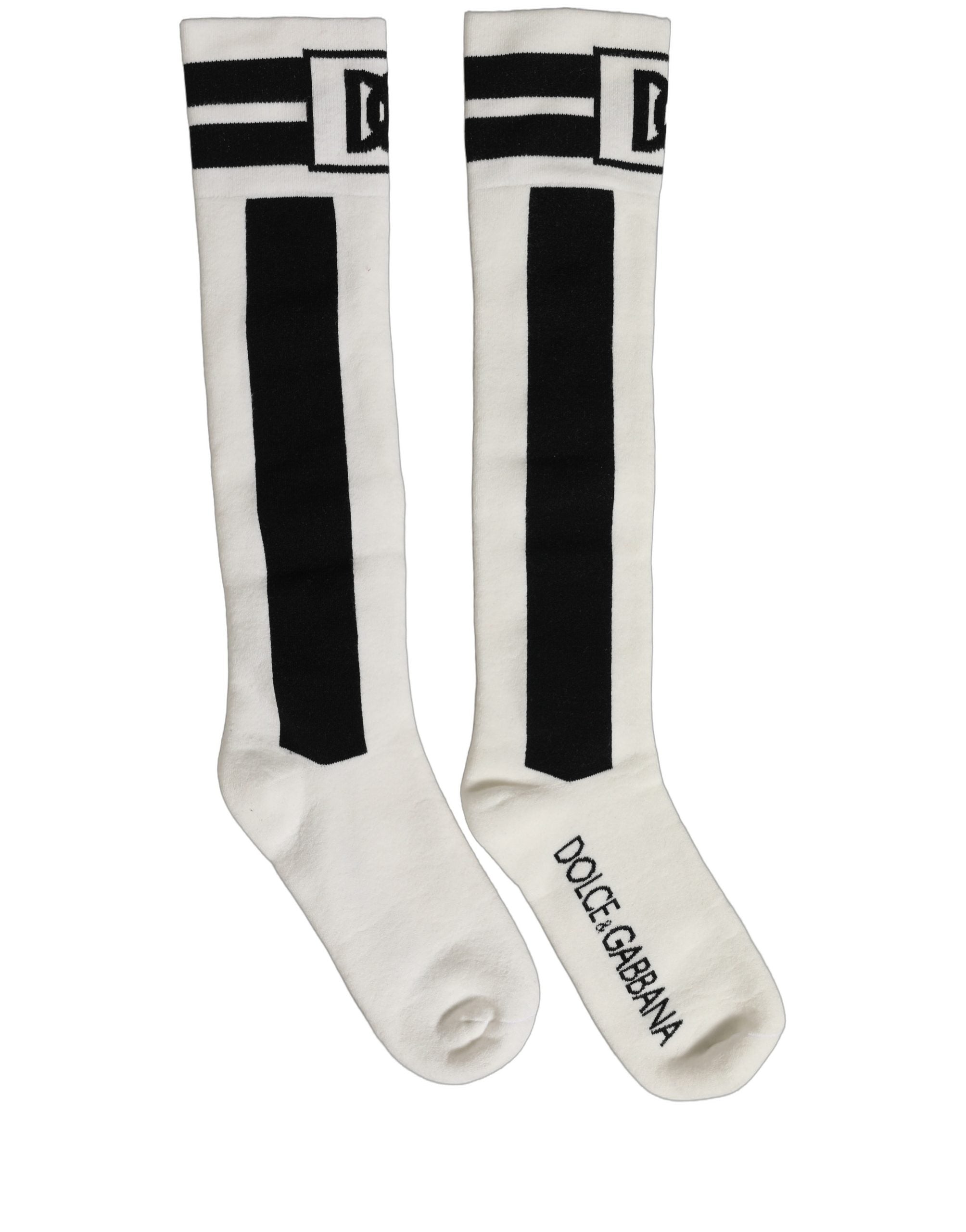 Dolce & Gabbana White Black Cotton Stretch Knee High Socks