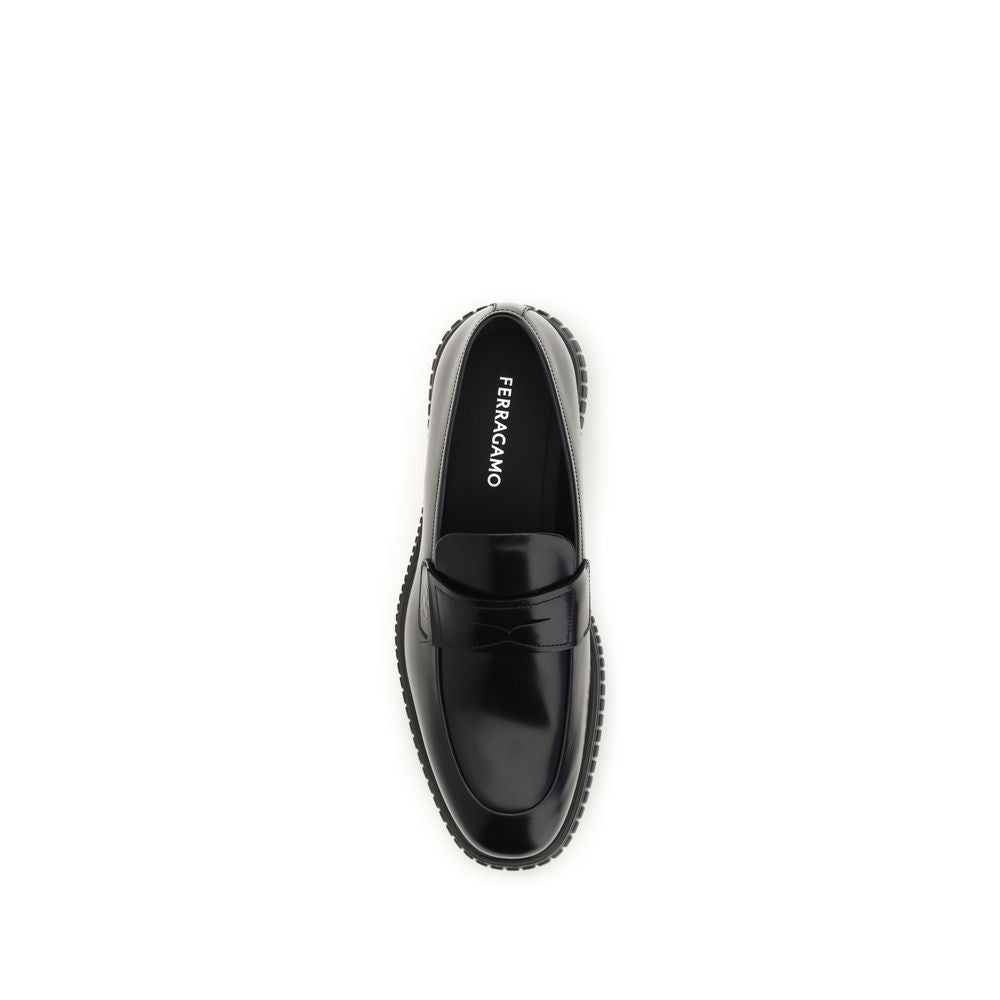 Ferragamo Black Leather Slip-On Loafers