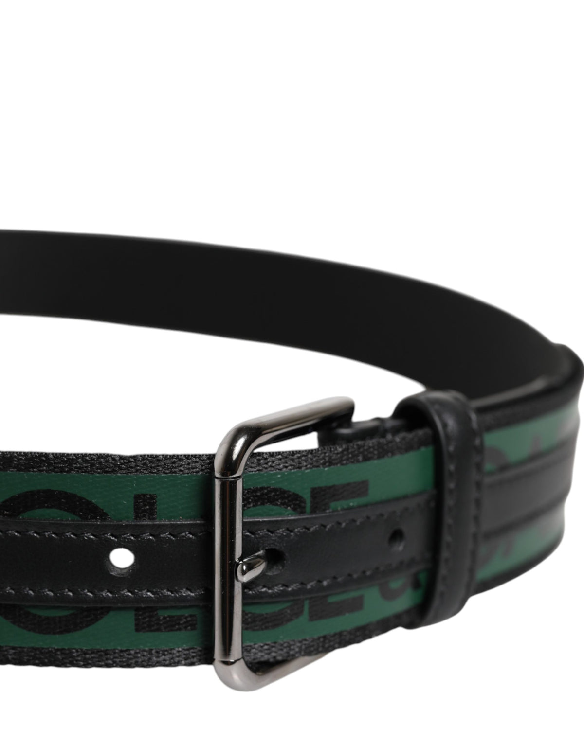 Dolce & Gabbana Black Green Logo Silver Tone Metal Buckle Belt