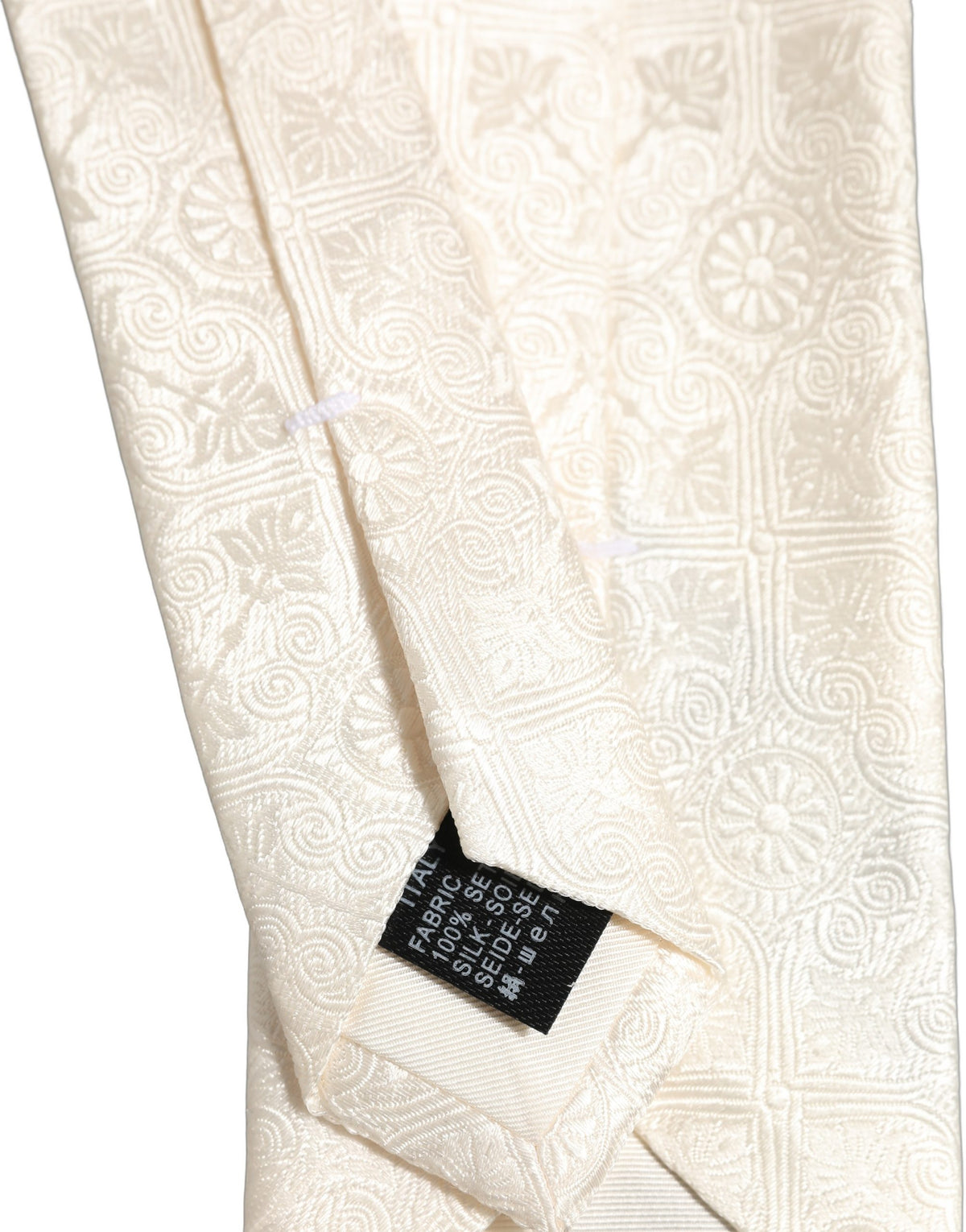 Dolce & Gabbana Off White Silk Damask Woven Adjustable Tied Necktie Tie