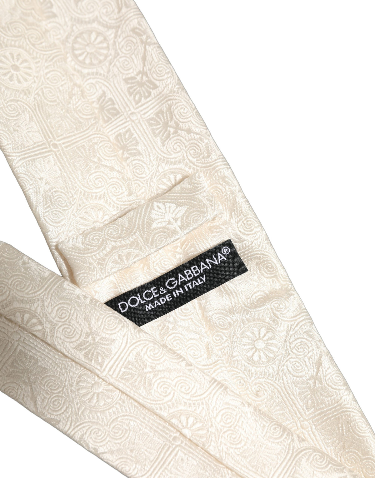 Dolce & Gabbana Off White Silk Damask Woven Adjustable Tied Necktie Tie