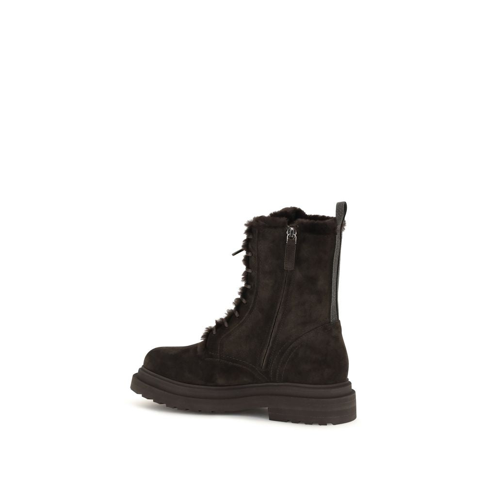 Brunello Cucinelli Black Leather Lace-Up Boots