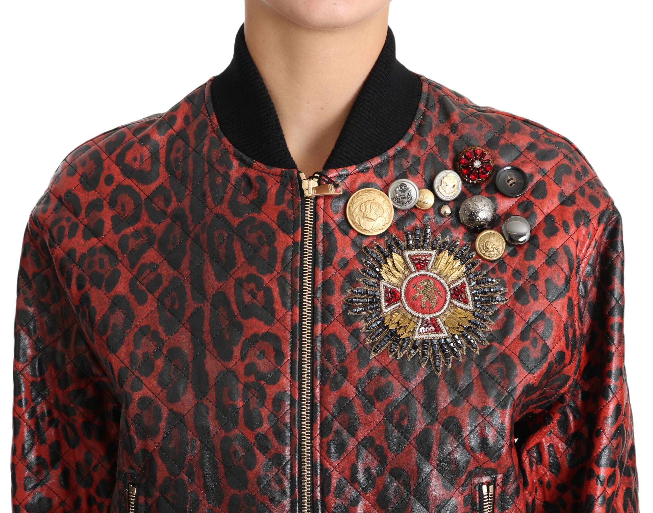 Dolce & Gabbana Red Leopard Button Crystal Leather Jacket - PreLoved & Luxe
