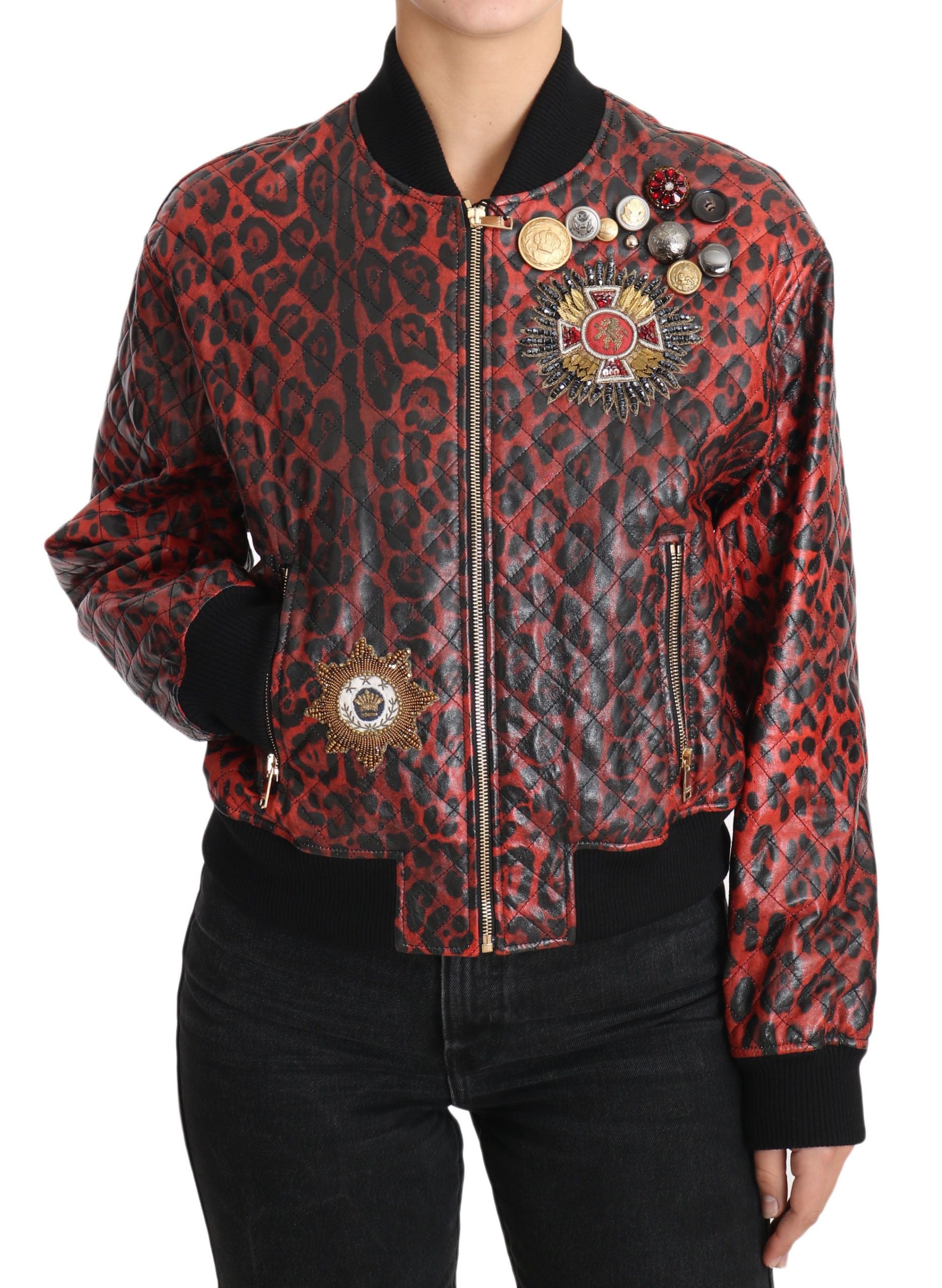 Dolce & Gabbana Red Leopard Button Crystal Leather Jacket - PreLoved & Luxe