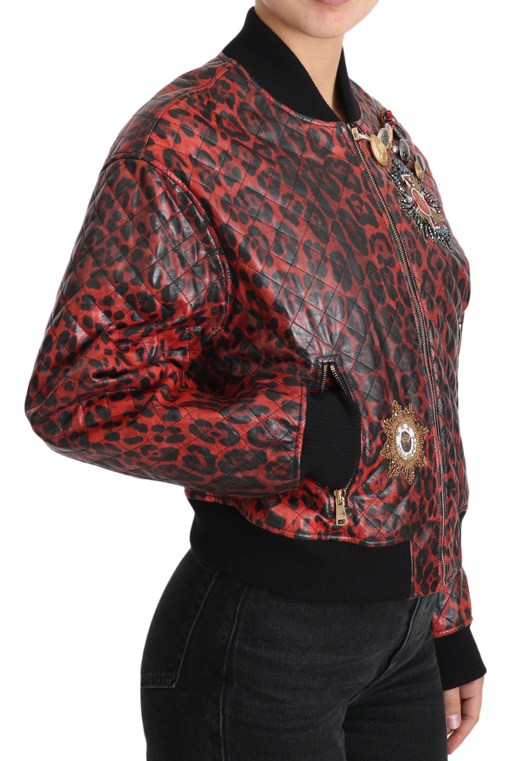 Dolce & Gabbana Red Leopard Button Crystal Leather Jacket - PreLoved & Luxe