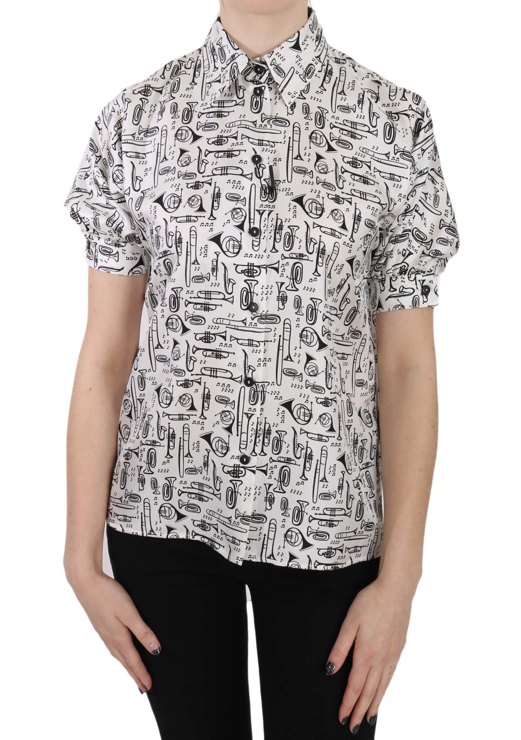 Dolce & Gabbana Trumpet Print Button Front Silk Top Blouse - PreLoved & Luxe