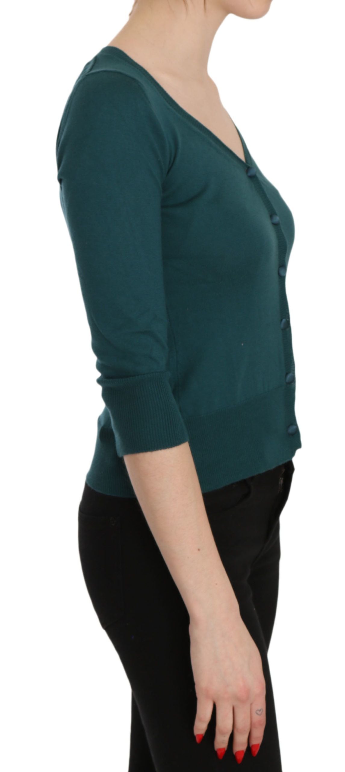 PINK MEMORIES Blue Green Cotton 3/4 Sleeve Cardigan Top Blouse