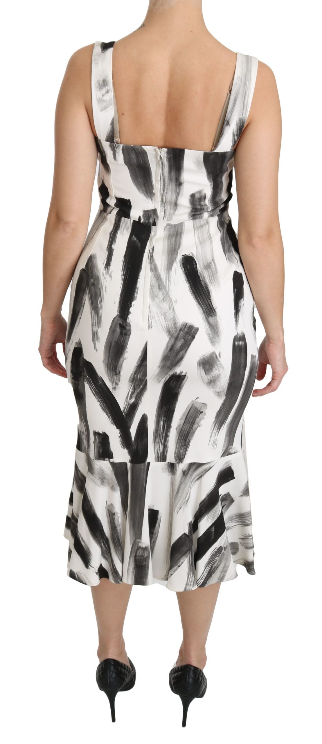 Dolce & Gabbana White Black Printed Sheath Midi Viscose Dress - PreLoved & Luxe
