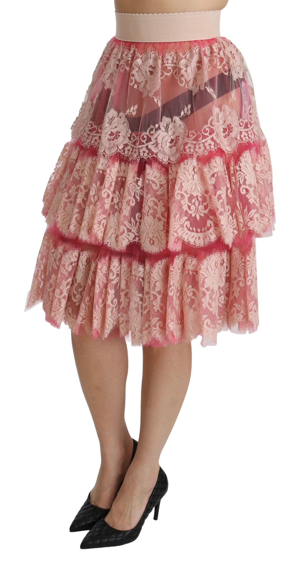 Dolce & Gabbana Pink Lace Layered High Waist Knee Length Skirt - PreLoved & Luxe