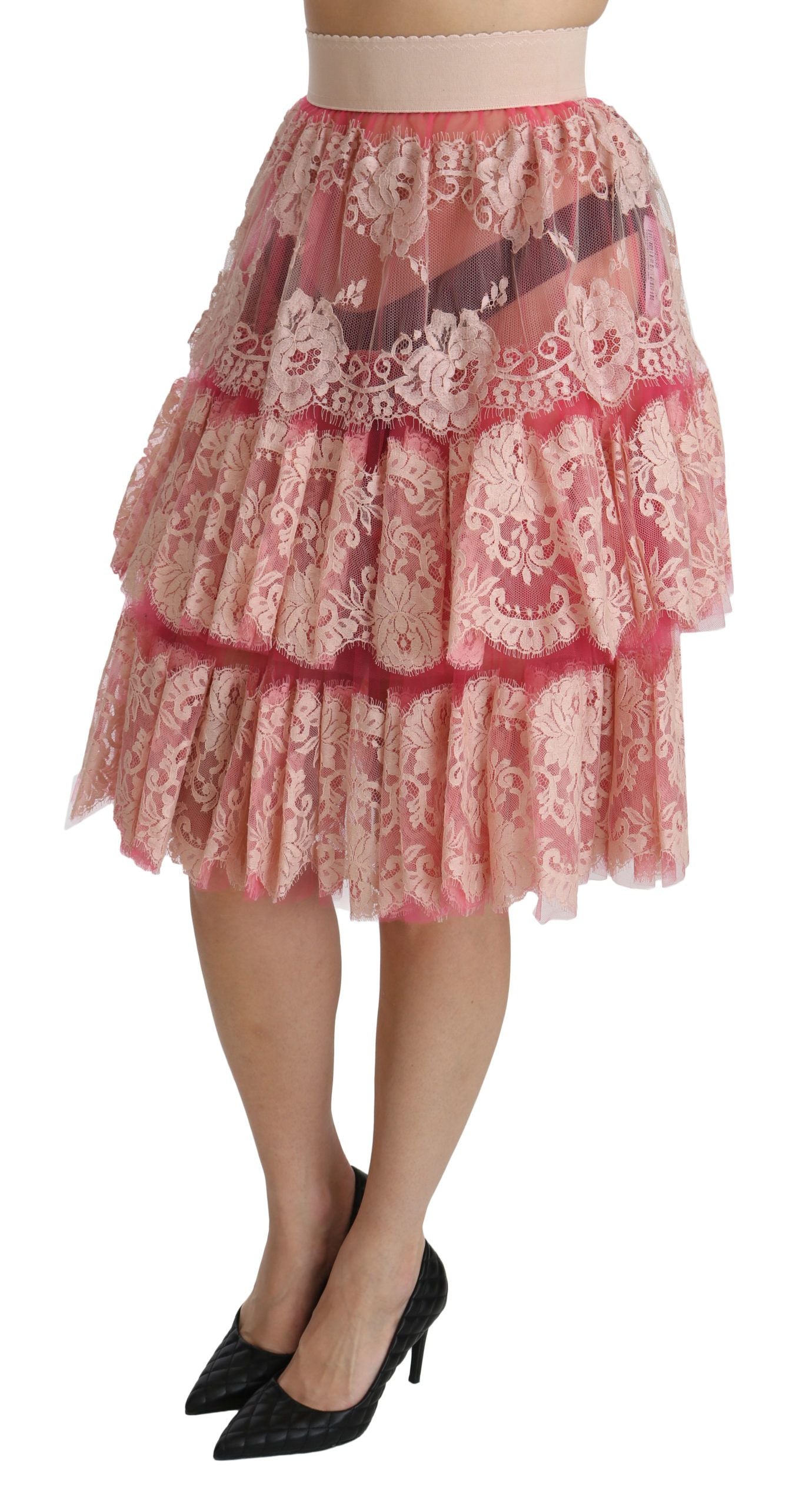 Dolce & Gabbana Pink Lace Layered High Waist Knee Length Skirt - PreLoved & Luxe