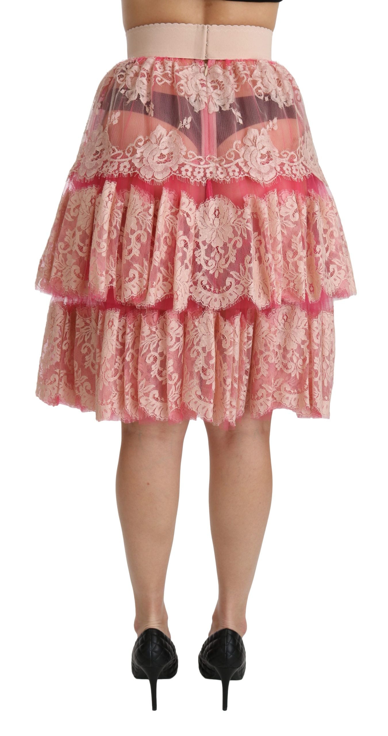 Dolce & Gabbana Pink Lace Layered High Waist Knee Length Skirt - PreLoved & Luxe