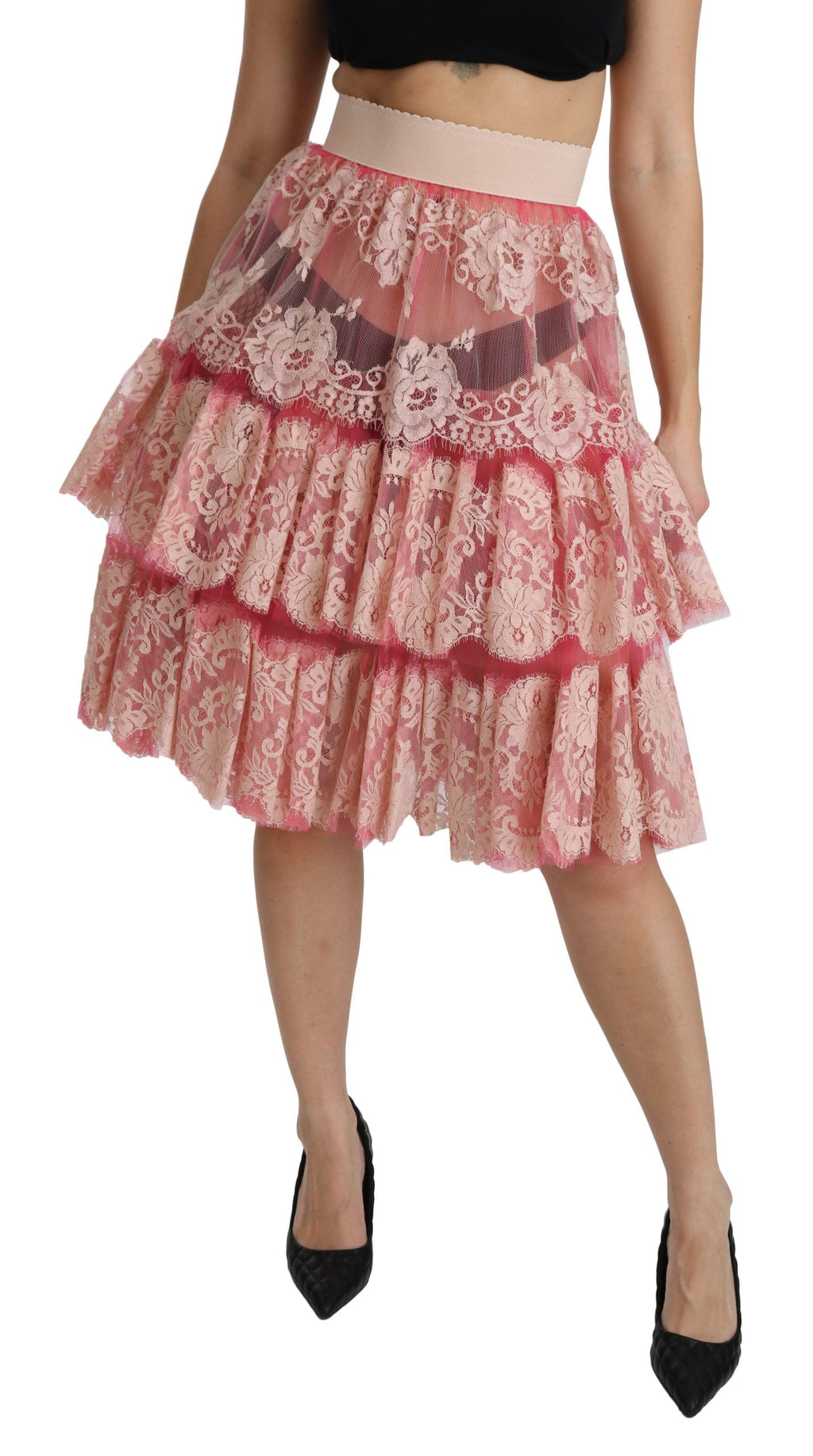 Dolce & Gabbana Pink Lace Layered High Waist Knee Length Skirt - PreLoved & Luxe