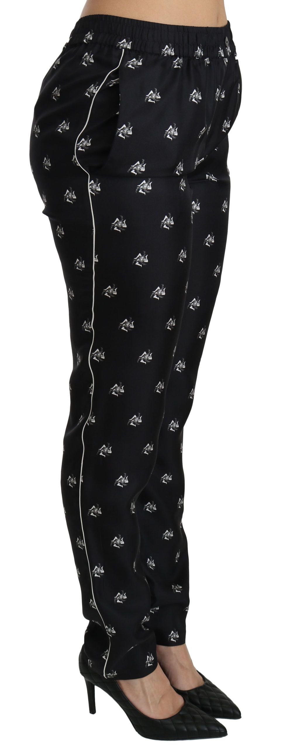 Dolce & Gabbana Black Printed Mid Waist Skinny Silk Pants - PreLoved & Luxe