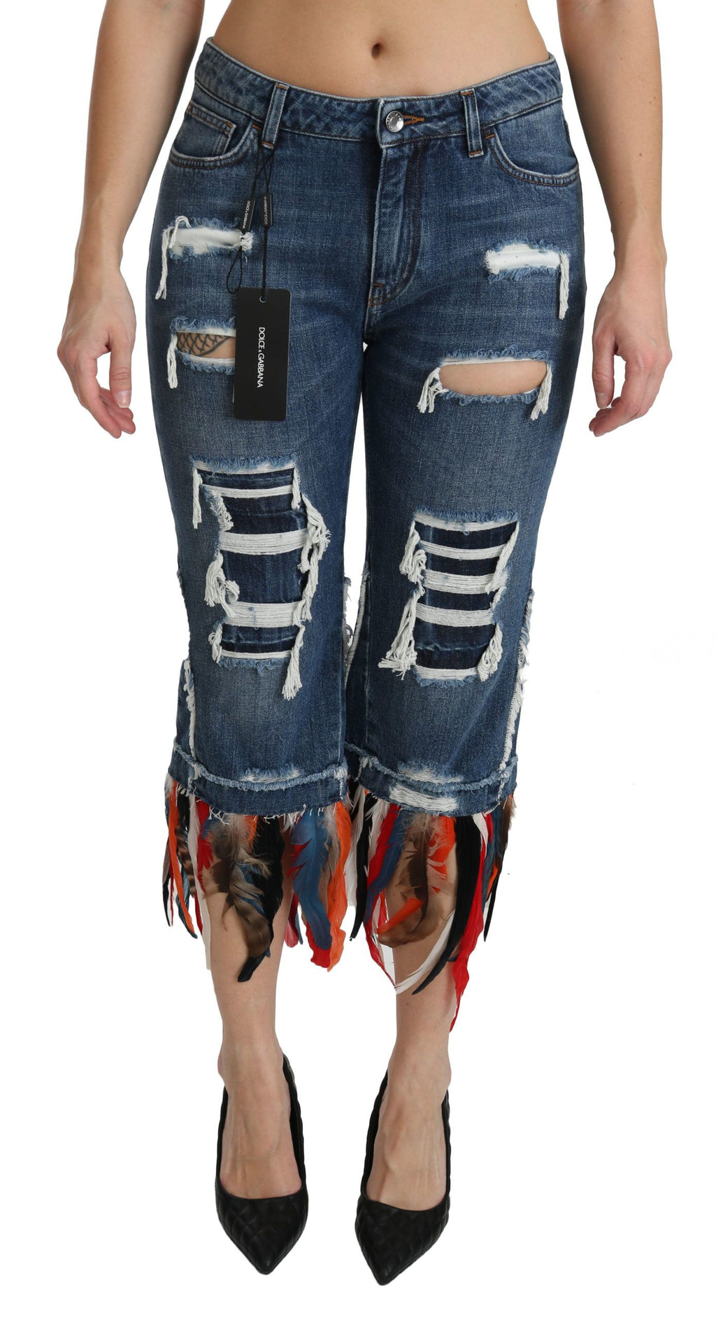 Dolce & Gabbana Blue Feathers Low Waist Cropped Cotton Jeans - PreLoved & Luxe