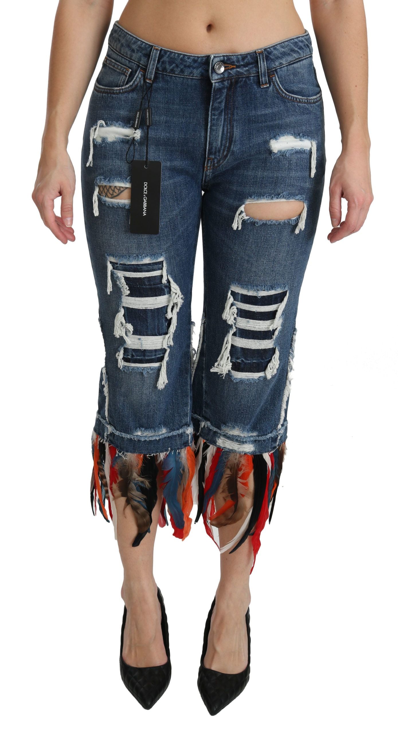 Dolce & Gabbana Blue Feathers Low Waist Cropped Cotton Jeans - PreLoved & Luxe