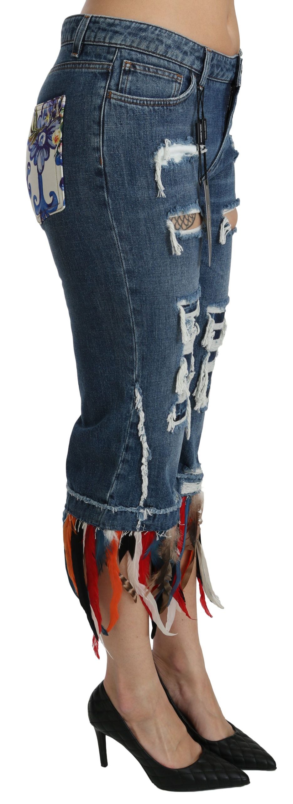 Dolce & Gabbana Blue Feathers Low Waist Cropped Cotton Jeans - PreLoved & Luxe