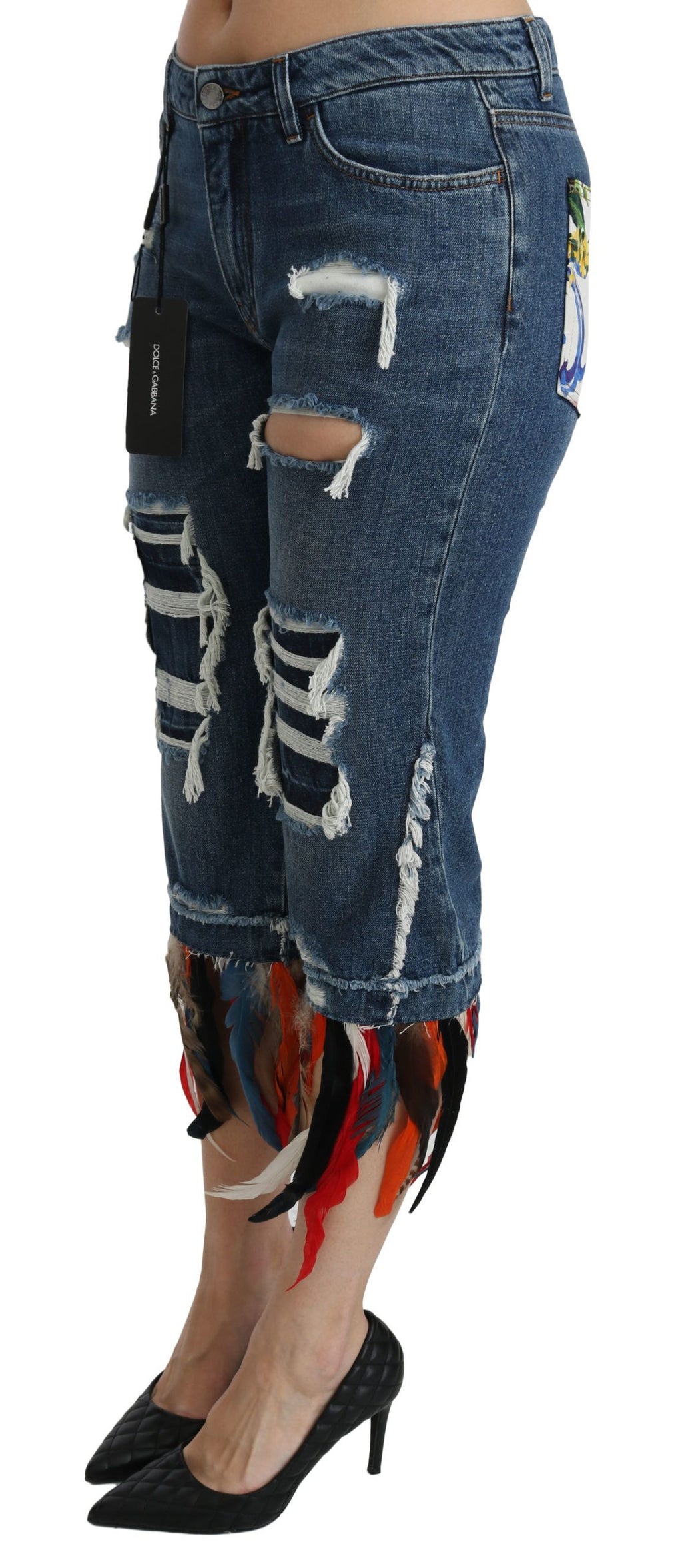 Dolce & Gabbana Blue Feathers Low Waist Cropped Cotton Jeans - PreLoved & Luxe