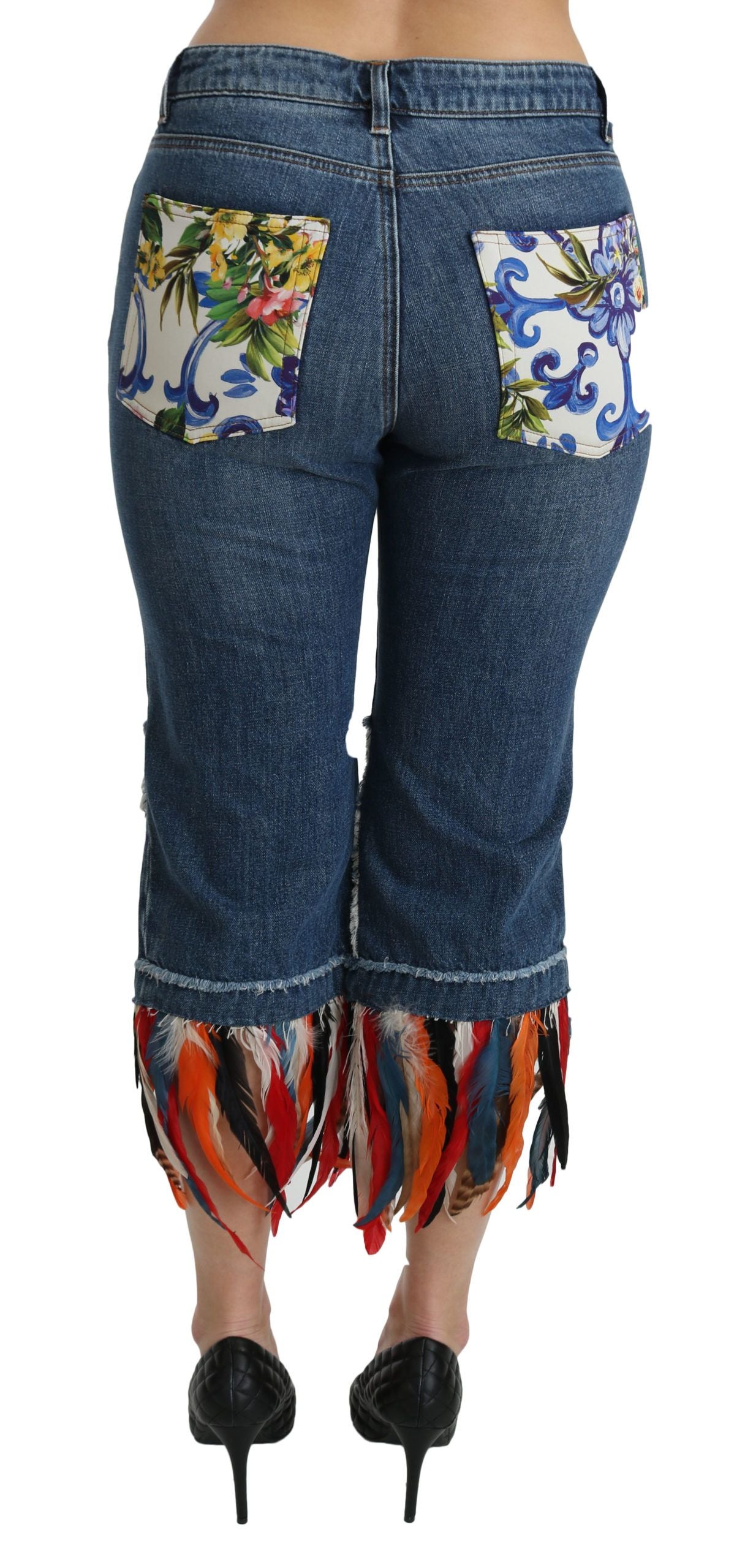 Dolce & Gabbana Blue Feathers Low Waist Cropped Cotton Jeans - PreLoved & Luxe