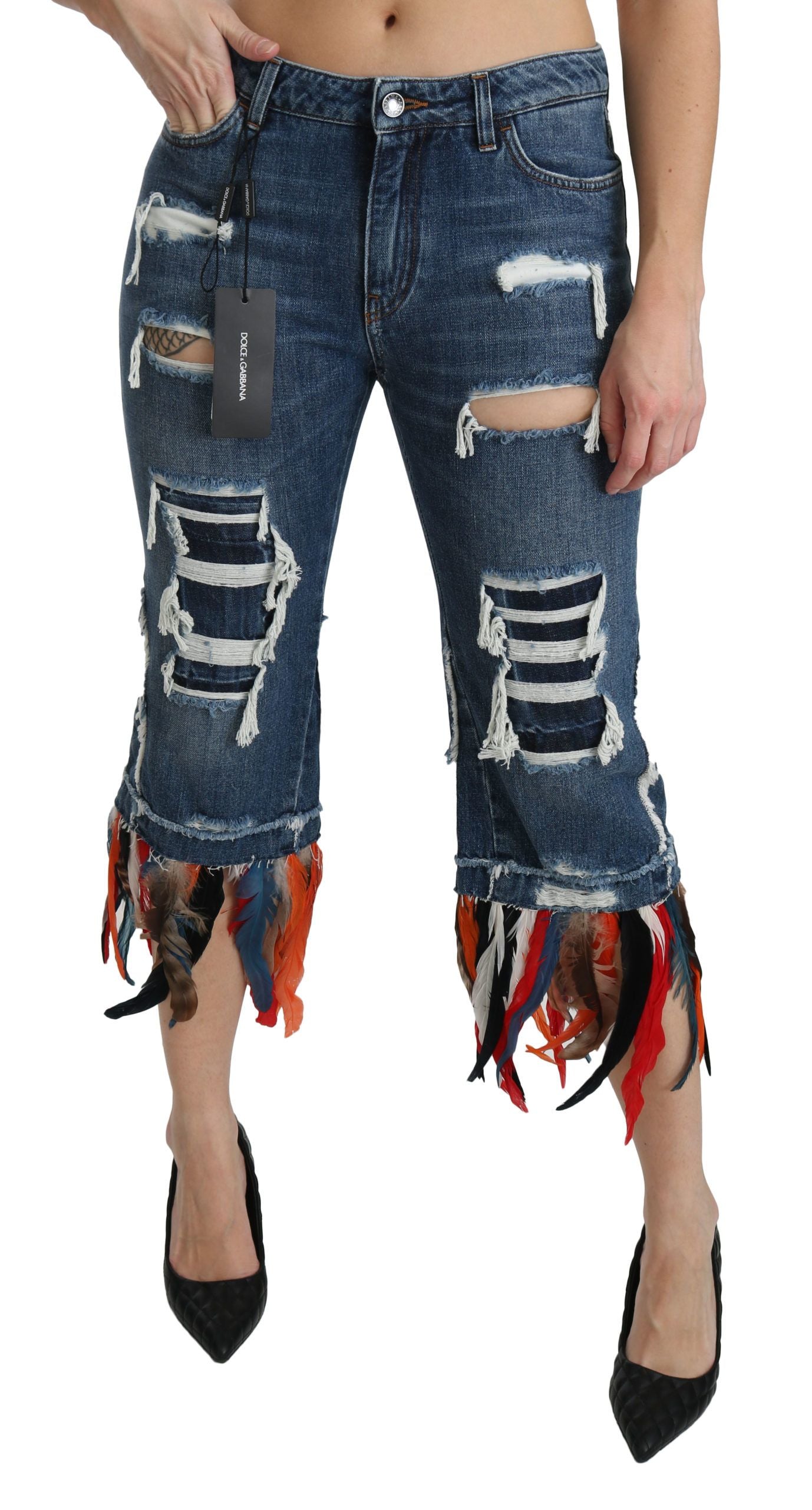 Dolce & Gabbana Blue Feathers Low Waist Cropped Cotton Jeans - PreLoved & Luxe