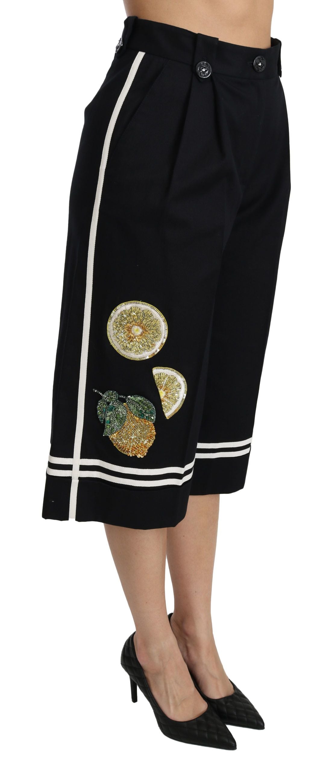 Dolce & Gabbana Black Lemon Embellished Palazzo Cropped Pants - PreLoved & Luxe