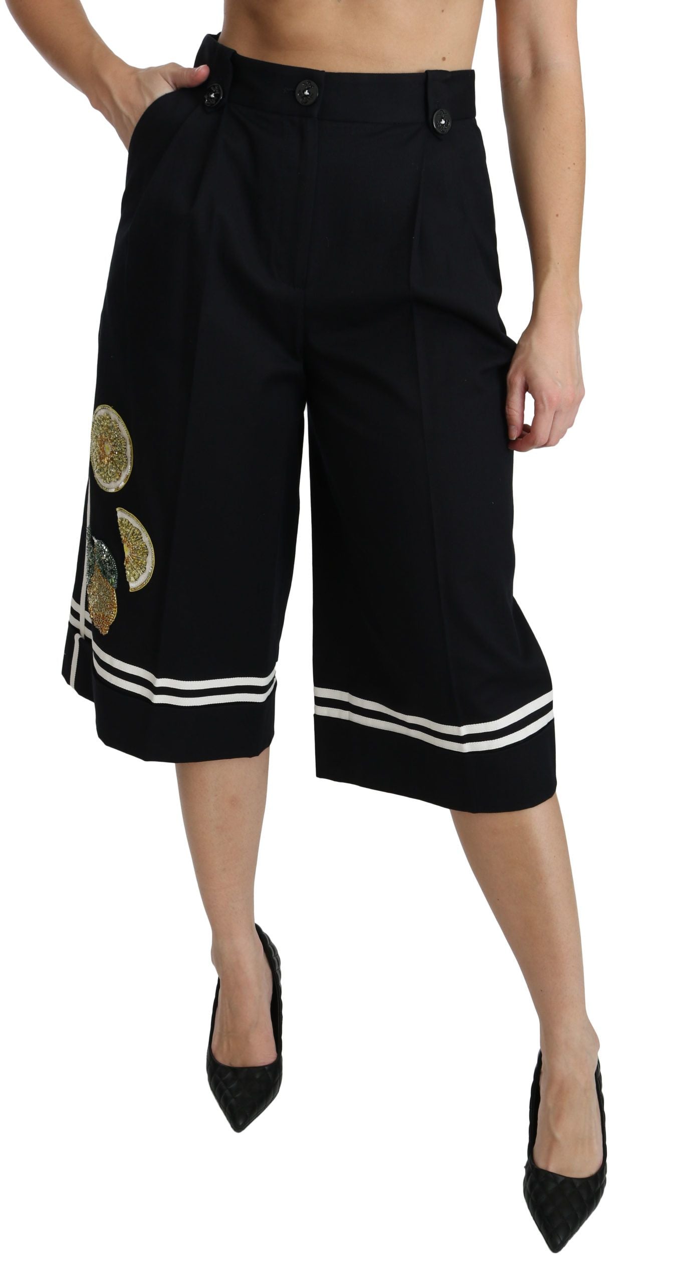 Dolce & Gabbana Black Lemon Embellished Palazzo Cropped Pants - PreLoved & Luxe