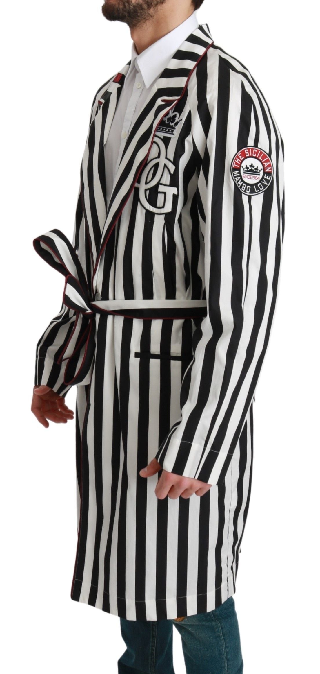 Dolce & Gabbana Black Coat Nightgown  White Cotton Robe