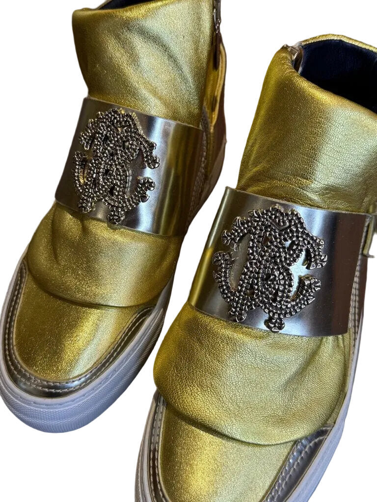 Roberto Cavalli Gold Metallic High-Top Sneakers with Decorative Strap