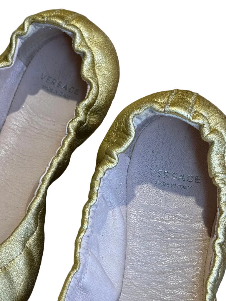 Versace Gold Flat Shoes with Decorative Accent