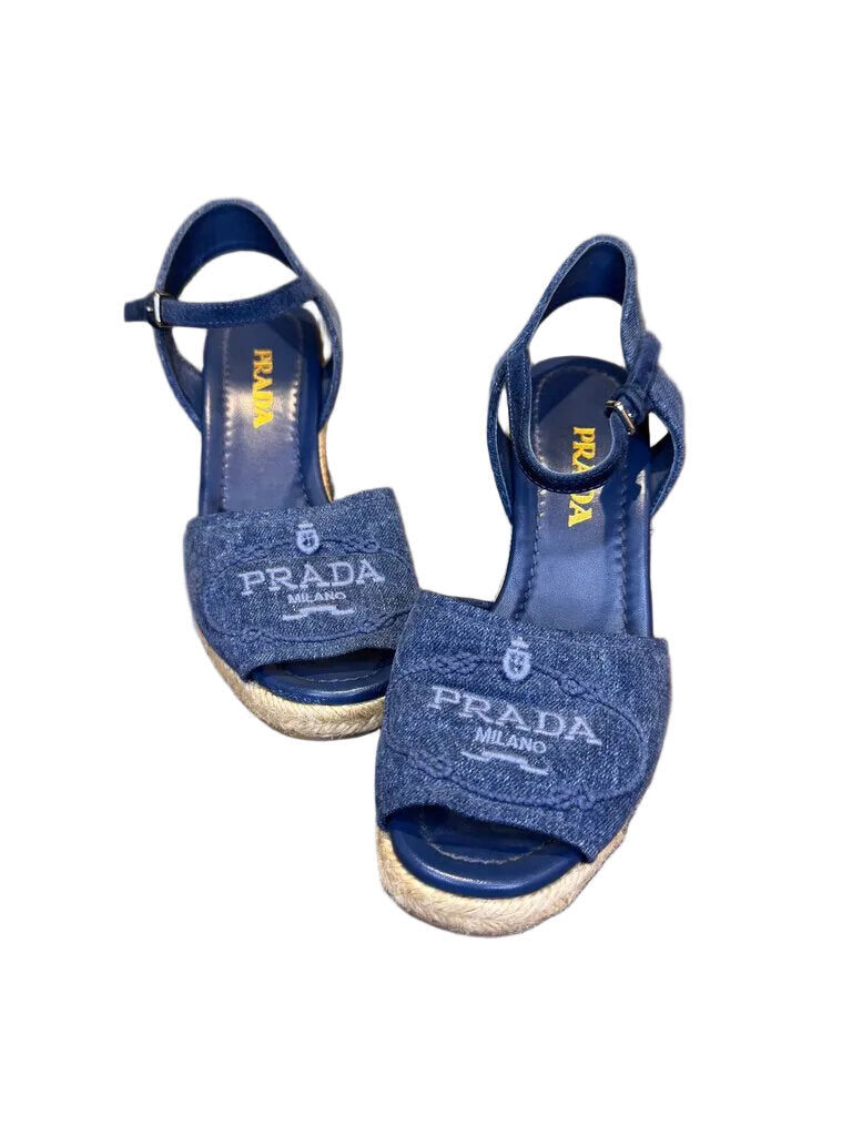 Prada Blue Denim Wedge Sandals