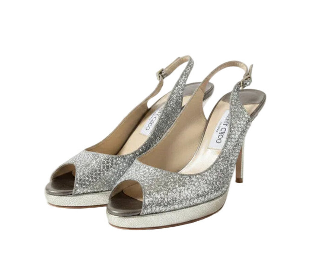 Jimmy Choo Silver Glitter Peep Toe Slingback Heels